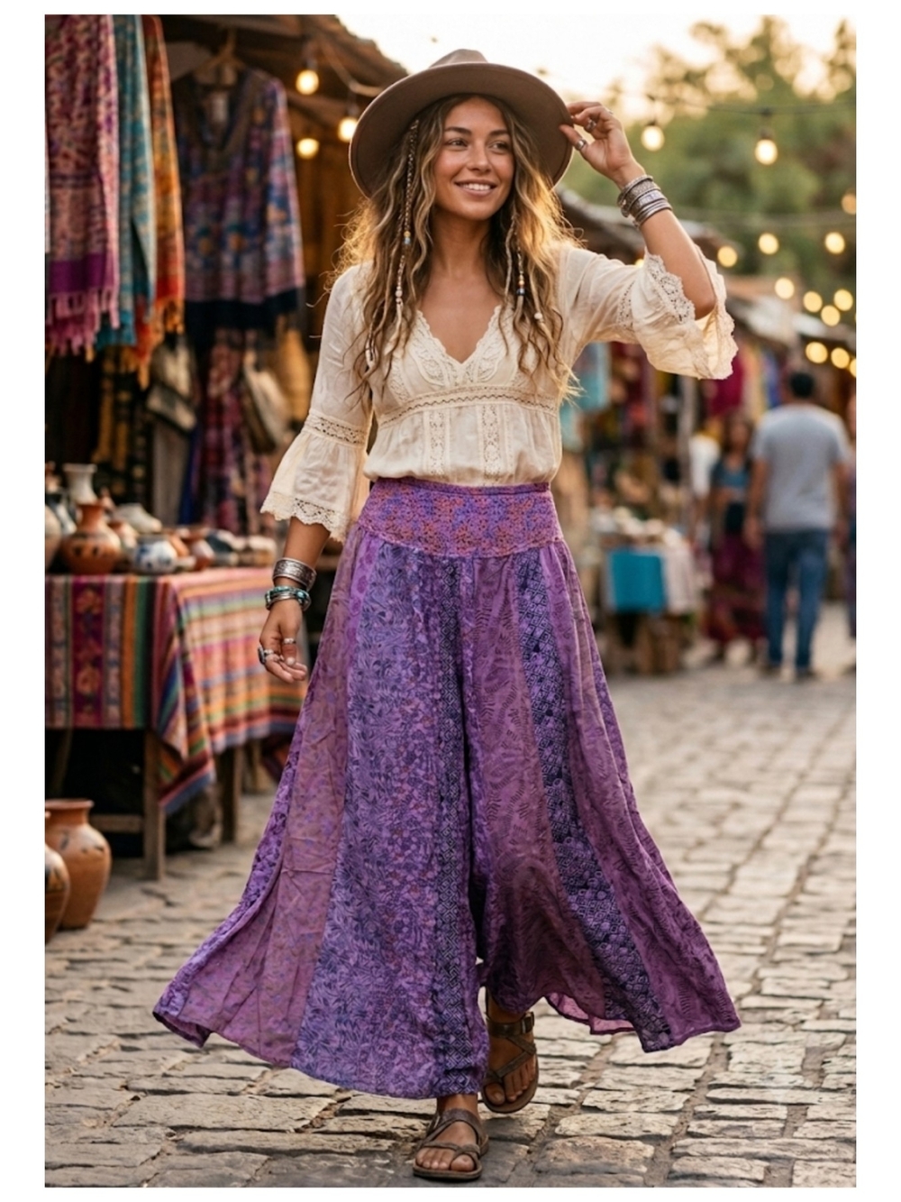 Boho Wide-Leg Purple Skirt-Pants with Crocheted Waistband